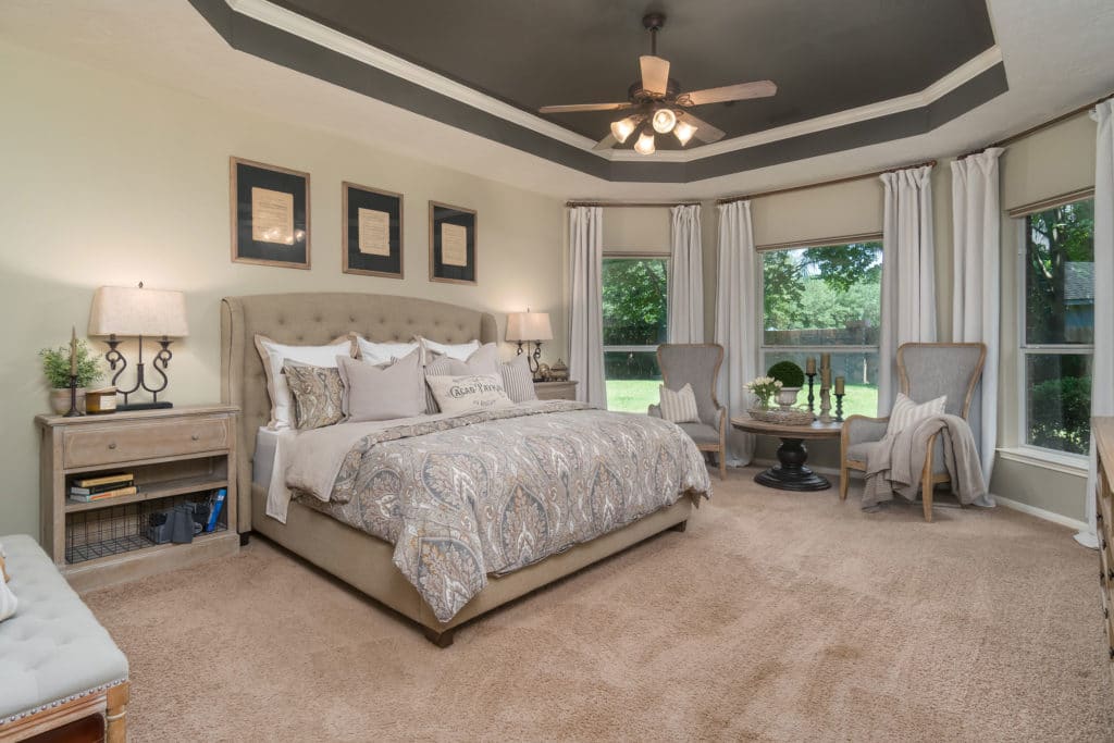 Interior design example of a large, carpeted, master bedroom.